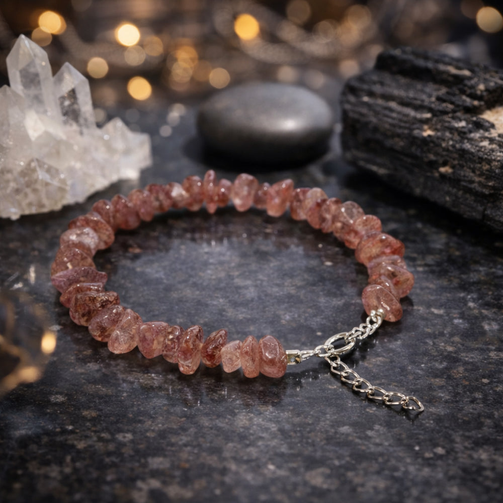 Strawberry Quartz Chips Bracelet Adjustable